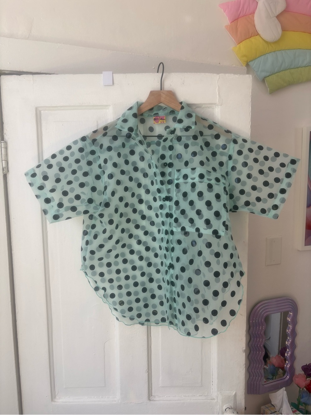 nettle studios OS- Mint Green Polka Dot Short-Sleeve Shirt Button up